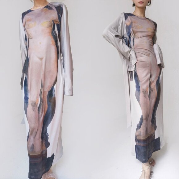 Ann demeulemeester beige kaftan knit maxi long sleeve belted dress - Picture 9 of 11